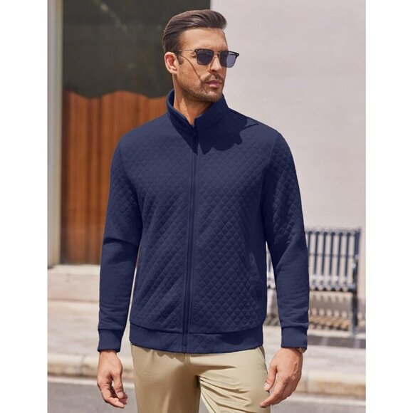 COOFANDY Men Navy Blue Zip Up Mock Neck Quilted Lightweight Sweater Jacket - Picture 5 of 6